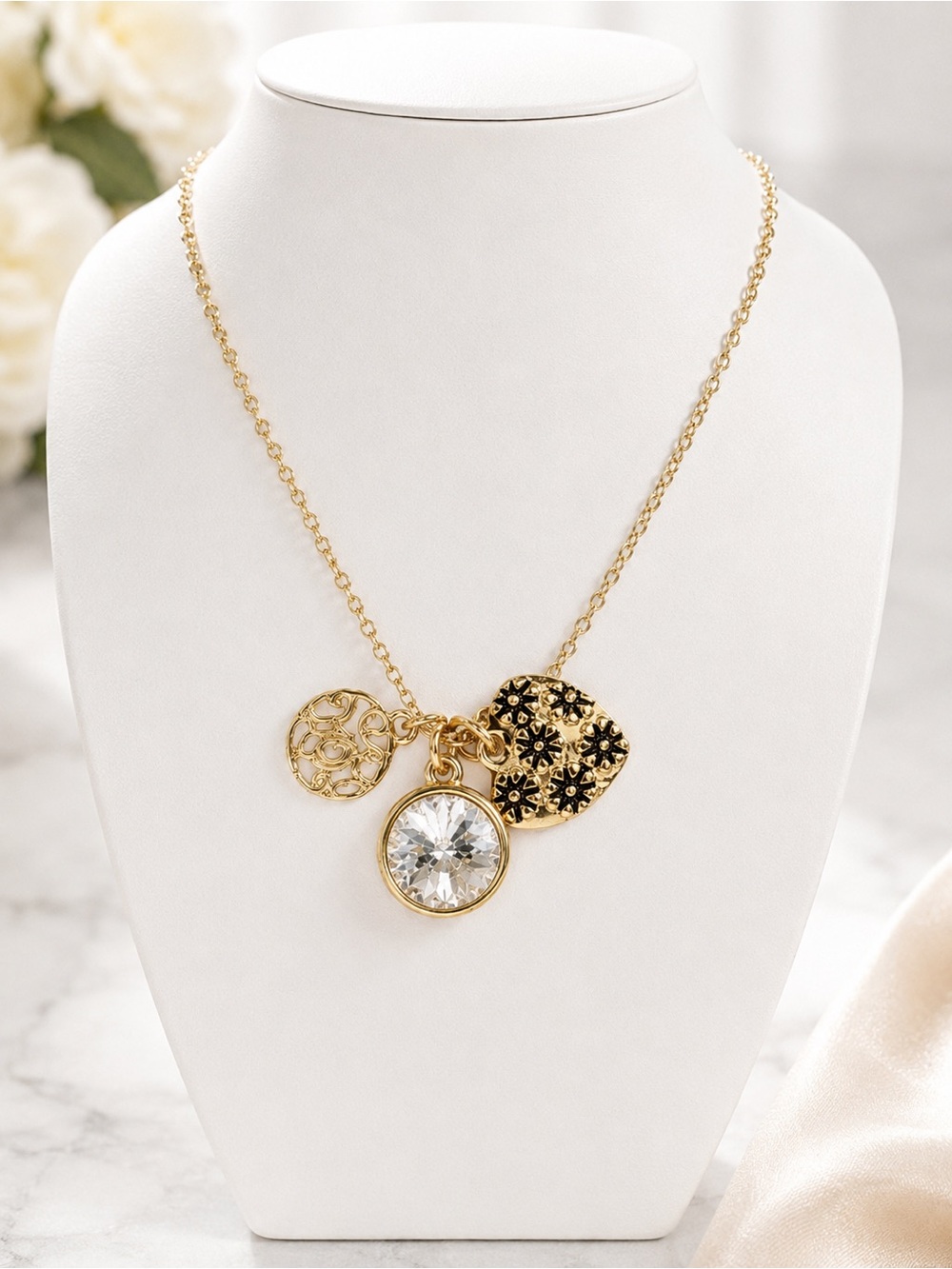 Charming Inspirations Crystal Charm Necklace Floral Disc Pendant Gift Boxed NWT